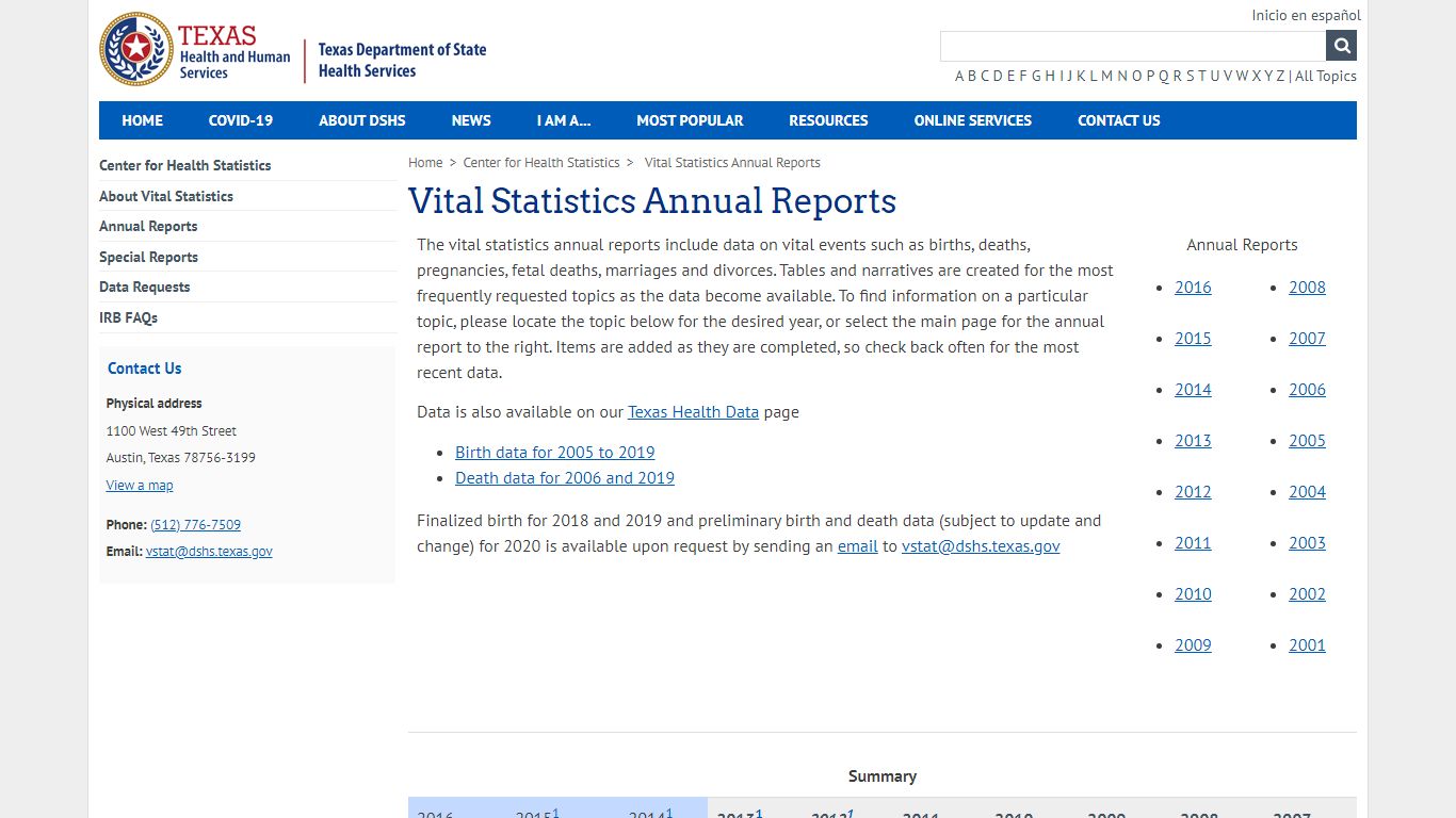 Vital Statistics Annual Reports - Texas Department of State Health Services